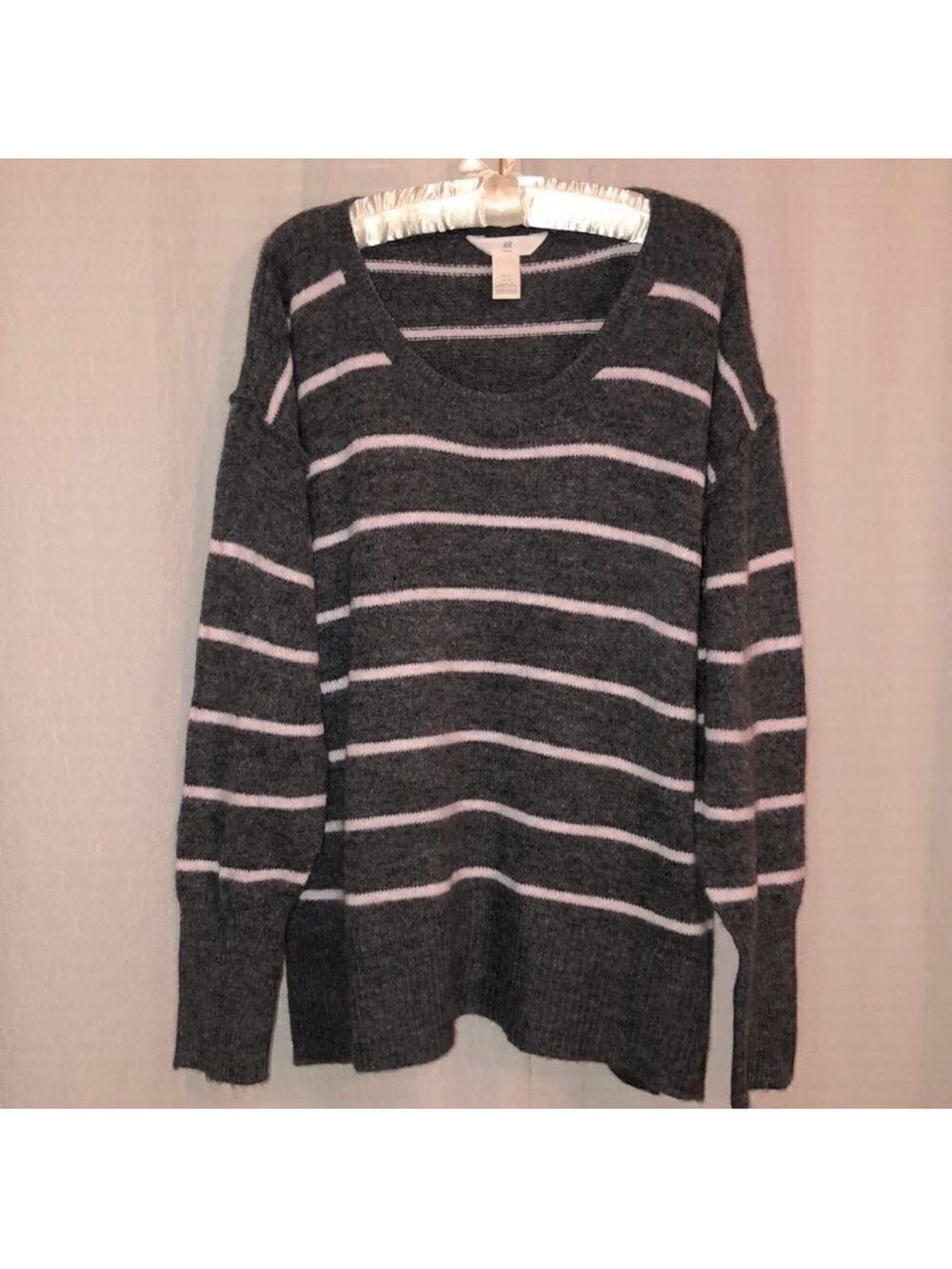 H&M XL Gray with White Stripes Wool Blend Sweater